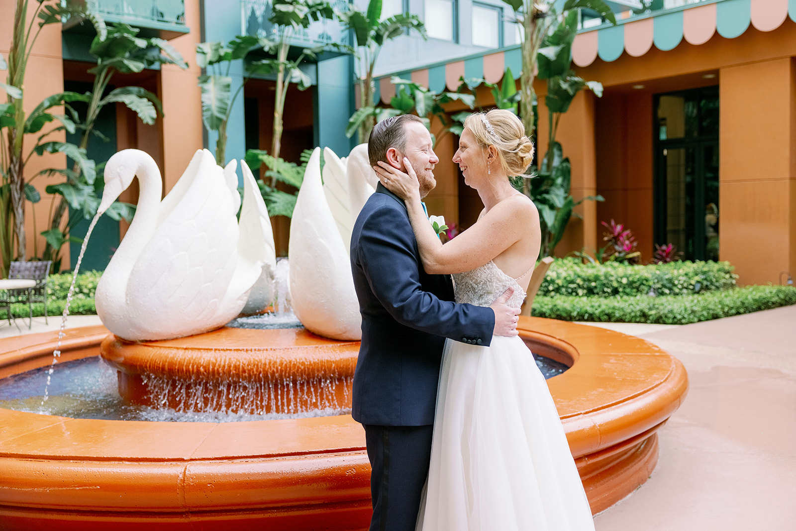 Wedding Couple in Courtyard at the Walt Disney World Swan Resort