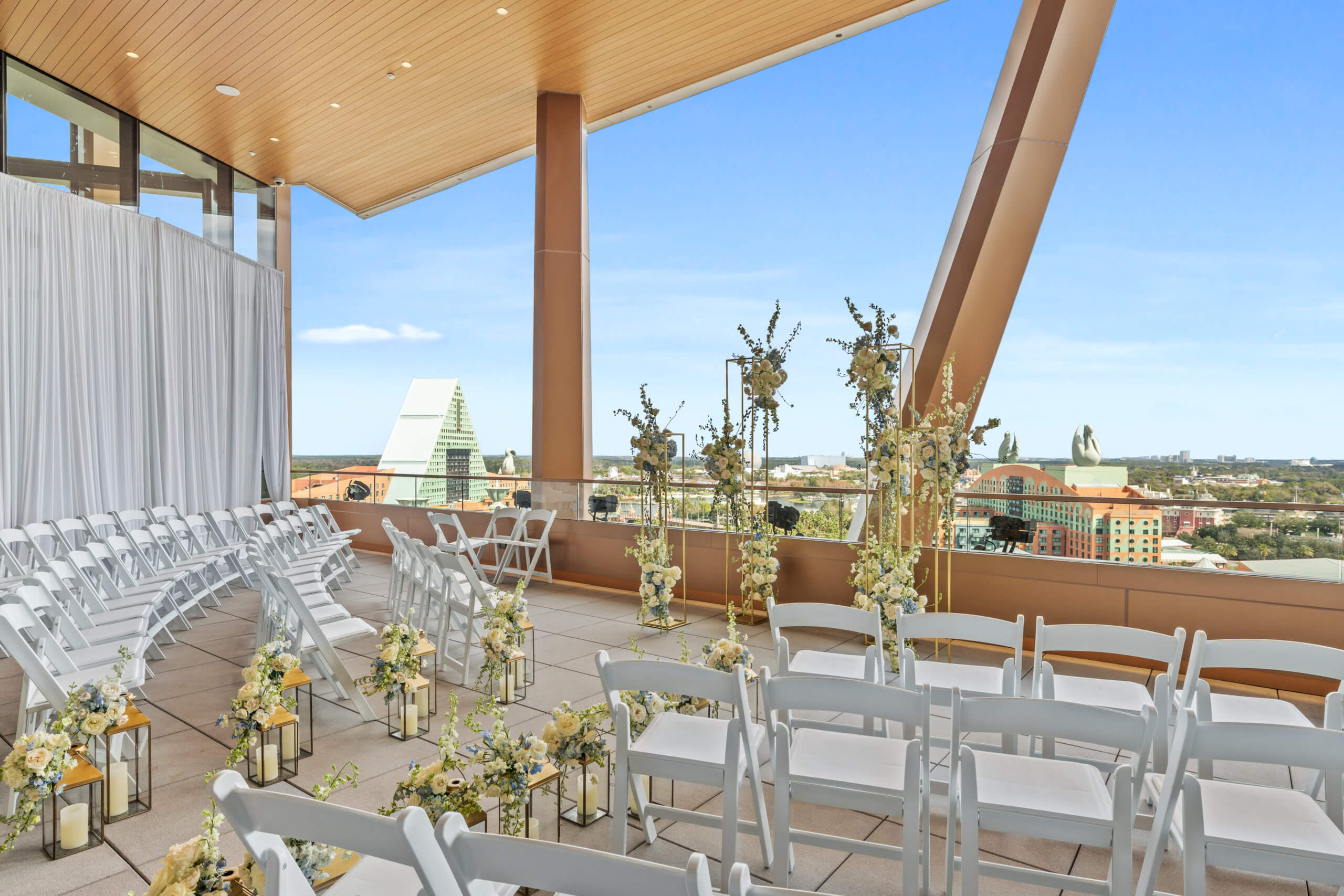 Wedding Ceremony Set-Up at the Vue Terrace on the Rooftop of the Walt Disney World Swan Reserve