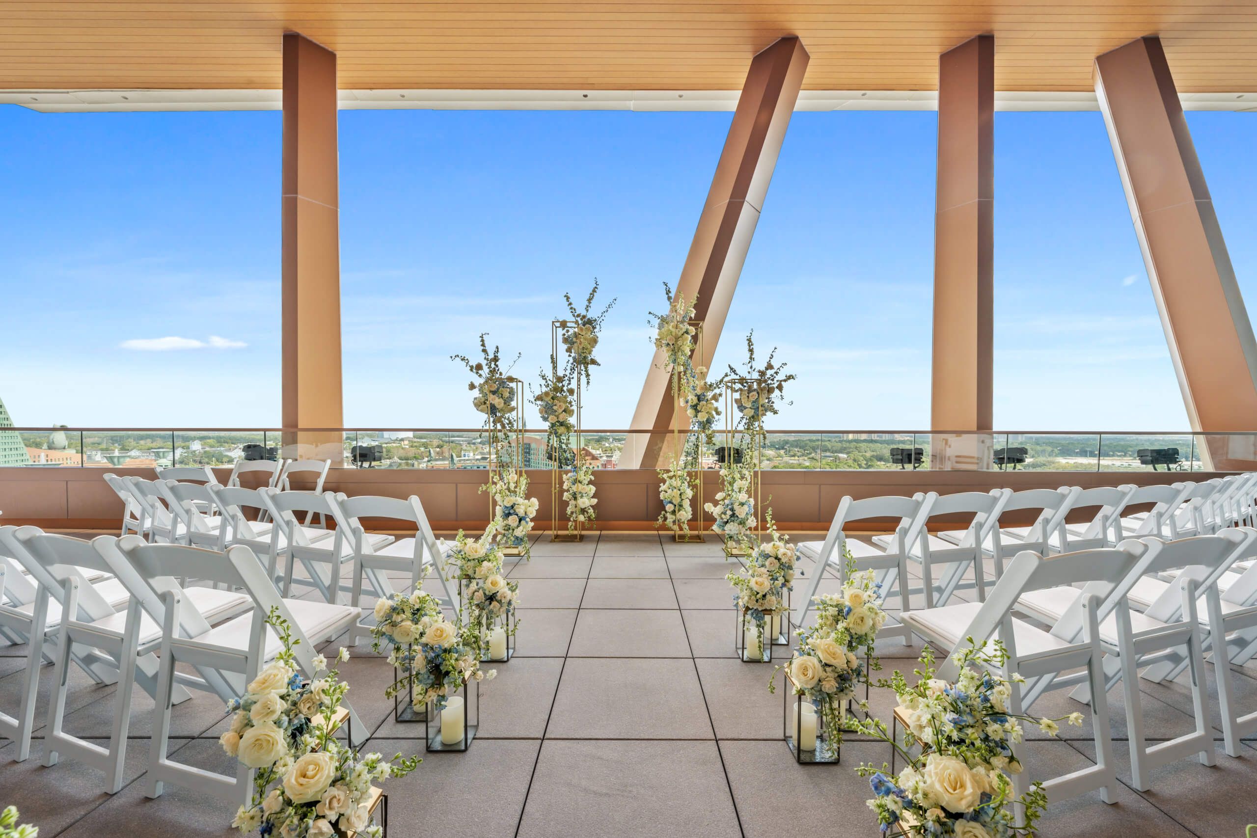 Wedding Ceremony Set-Up at the Vue on the Rooftop of the Walt Disney World Swan Reserve