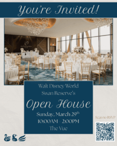 Invitation for Walt Disney World Swan Reserve’s Open House at The Vue, featuring elegant tables and chairs set in a bright event space with large windows and chandeliers. Event is on Sunday, March 29th, 10AM-2PM.