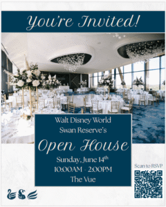 Elegant event space set for a formal occasion with white floral centerpieces and round tables. Invitation text reads: “You’re Invited! Walt Disney World Swan Reserve’s Open House, Sunday, June 14th, 10AM-2PM, The Vue.” Scan to RSVP.