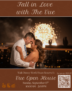 A couple embraces and smiles on a rooftop at night with fireworks in the background. Event details and a QR code for the Vue Open House at Walt Disney World Swan Reserve are displayed.